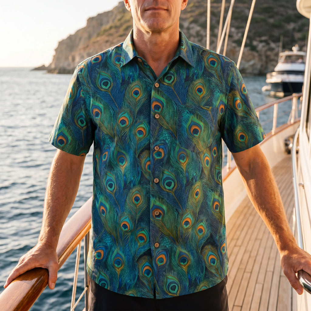 LeosWare® Peacock Men's Hawaiian Shirt Short Sleeve Button-up 100% Cotton Blue Aloha Indigo Feathered Elegance By Ann