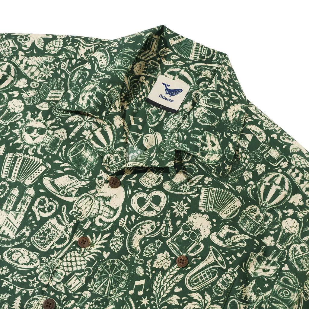 Men's Hawaiian Shirt Short Sleeve Camp Collar 100% Cotton Green Aloha Vintage Beer Festival Cheer - Green By Cigar