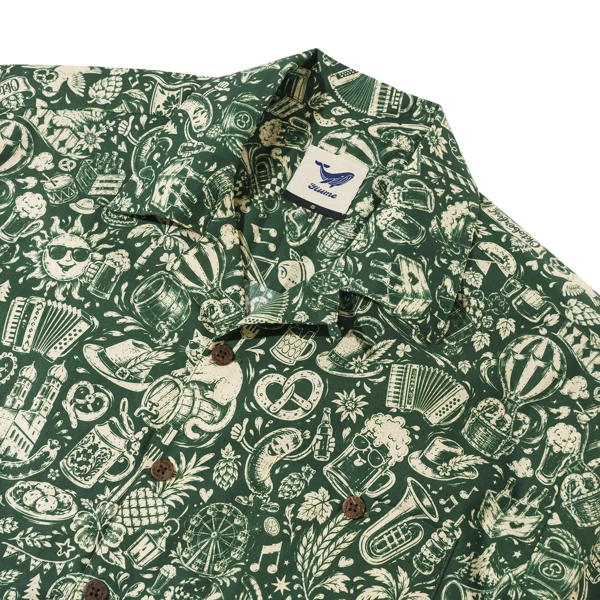 Men's Hawaiian Shirt Short Sleeve Camp Collar 100% Cotton Green Aloha Vintage Beer Festival Cheer - Green By Cigar