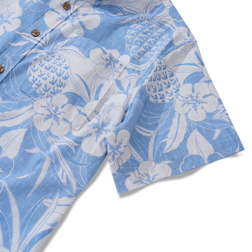 Men's Hawaiian Shirt Short Sleeve Button-down 100% Cotton Blue Aloha Pineapple and Hibiscus Hawaiian Shirt By Cigar