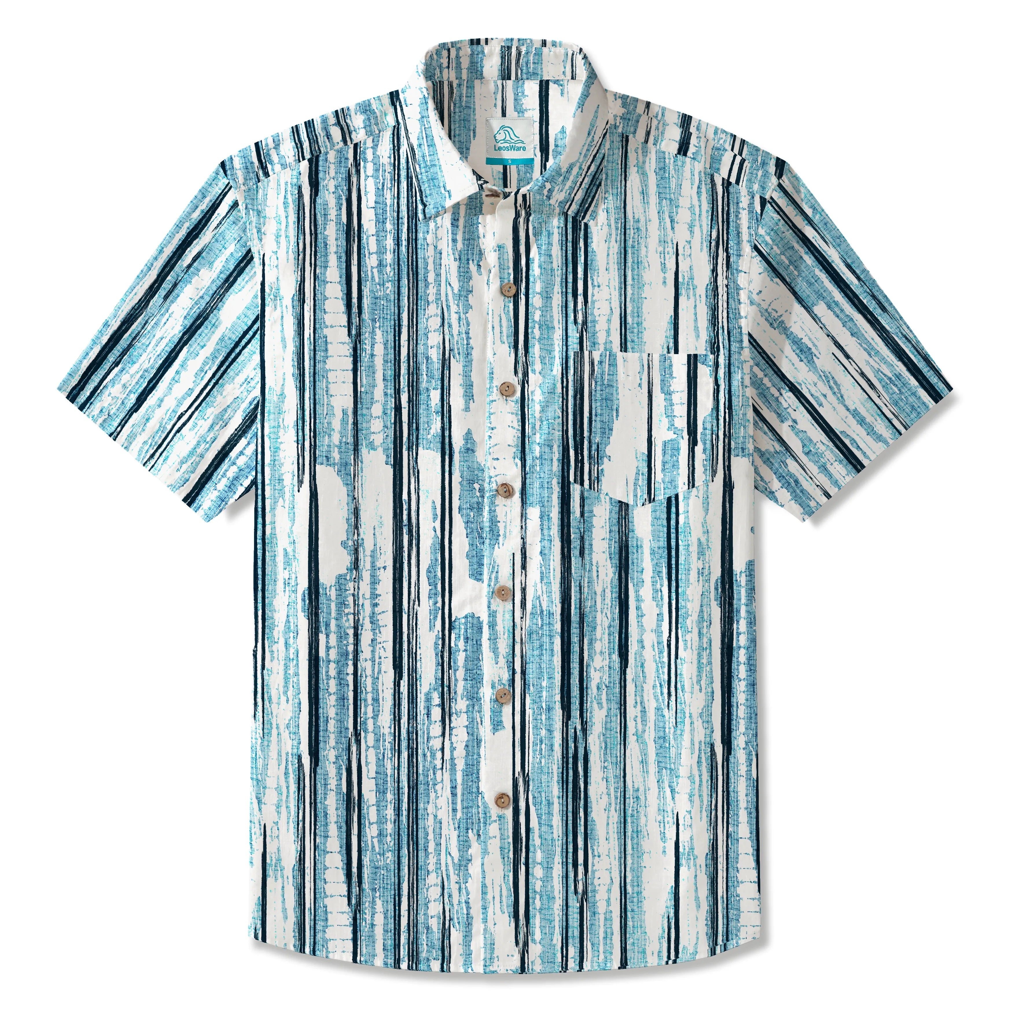 LeosWare® Men's Hawaiian Shirt Short Sleeve Button-up 100% Cotton Blue Aloha Minimalist Blue Veins By Patch