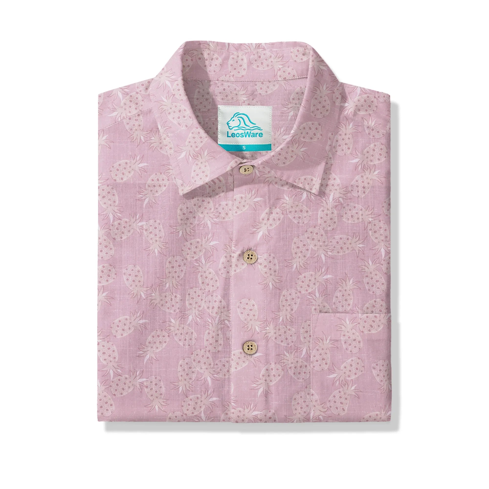 LeosWare® Men's Hawaiian Shirt Short Sleeve Button-up 100% Cotton Aloha Peach Pink Pineapple Breeze By Huan huan