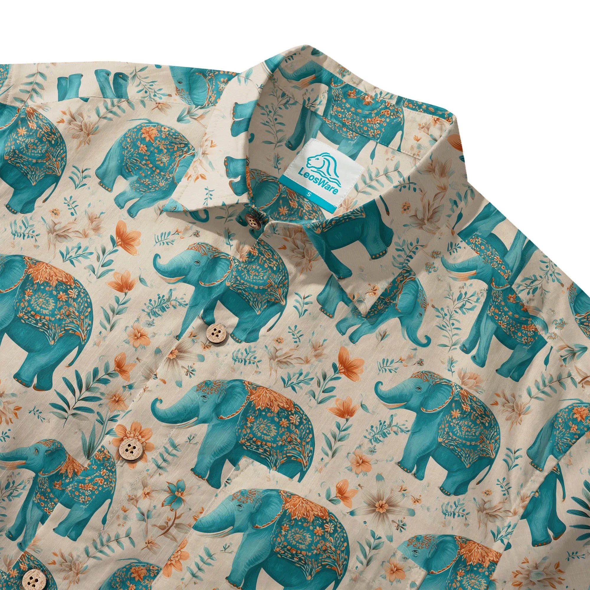 Elephant LeosWare® Men's Hawaiian Shirt Short Sleeve Button-up 100% Cotton Beige Aloha Blue Elephant Blossoms By Ann