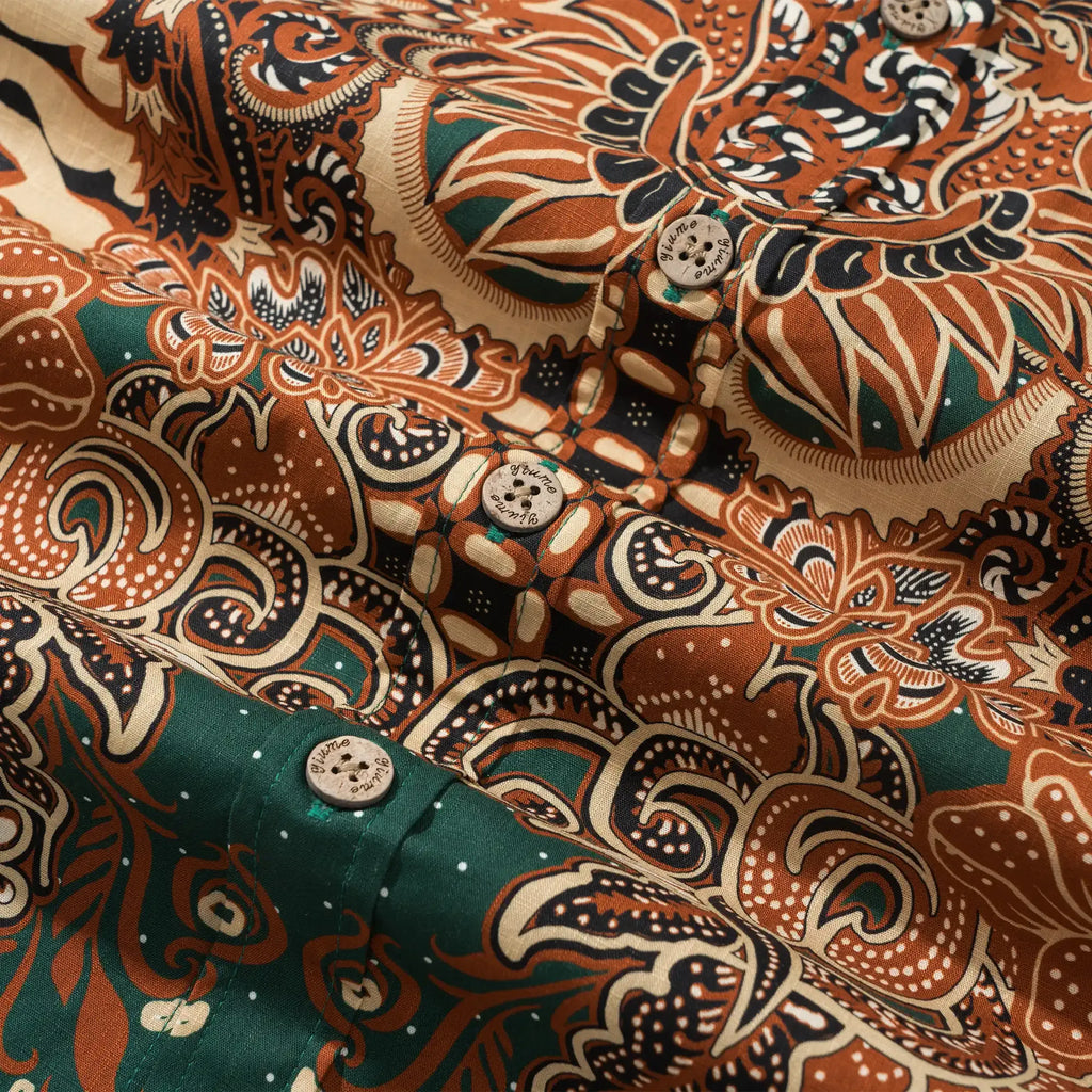 Indian Style Men's Hawaiian Shirt Short Sleeve Button-down 100% Cotton Green Aloha Phoenix Rebirth By Yana