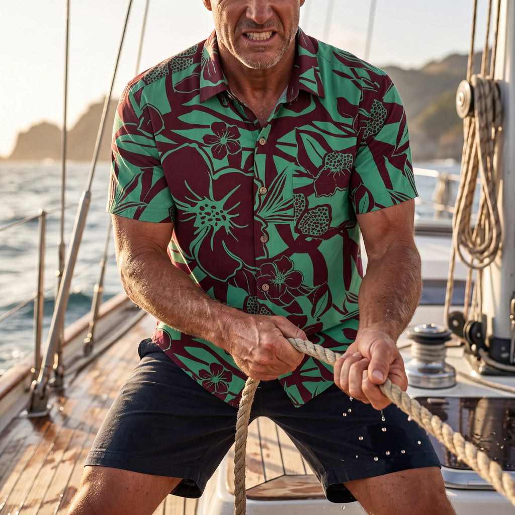 LeosWare® Men's Hawaiian Shirt Short Sleeve Button-up 100% Cotton Green Aloha Impression Of Tropical Plants By Huan huan