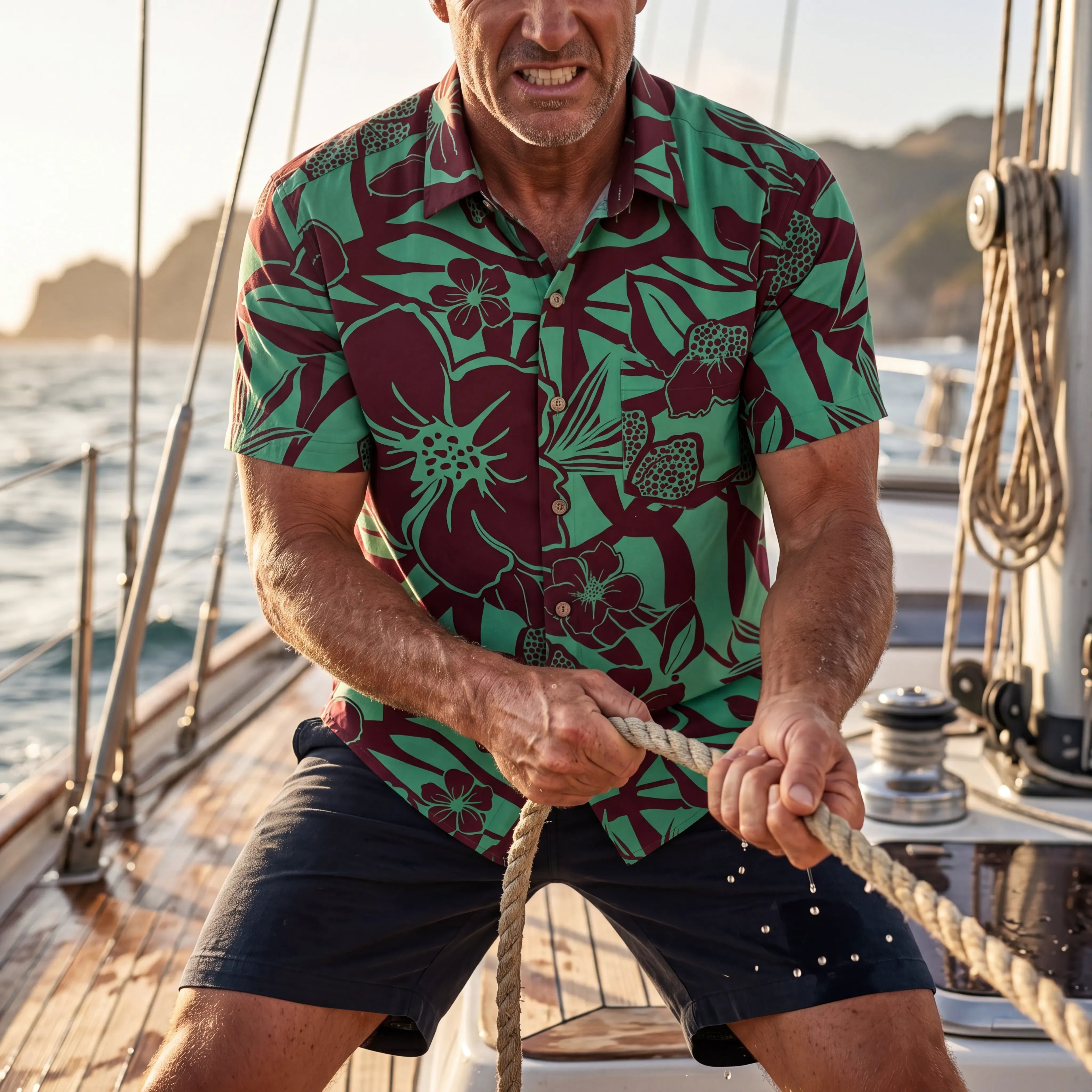 LeosWare® Men's Hawaiian Shirt Short Sleeve Button-up 100% Cotton Green Aloha Impression Of Tropical Plants By Huan huan