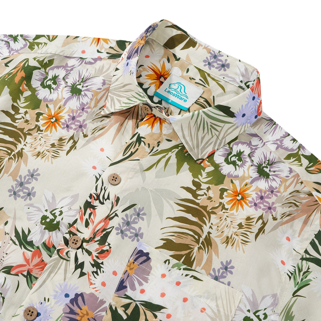 LeosWare® Men's Hawaiian Shirt Short Sleeve Button-up 100% Cotton Beige Aloha Tropical Flower Silhouette By Ethan