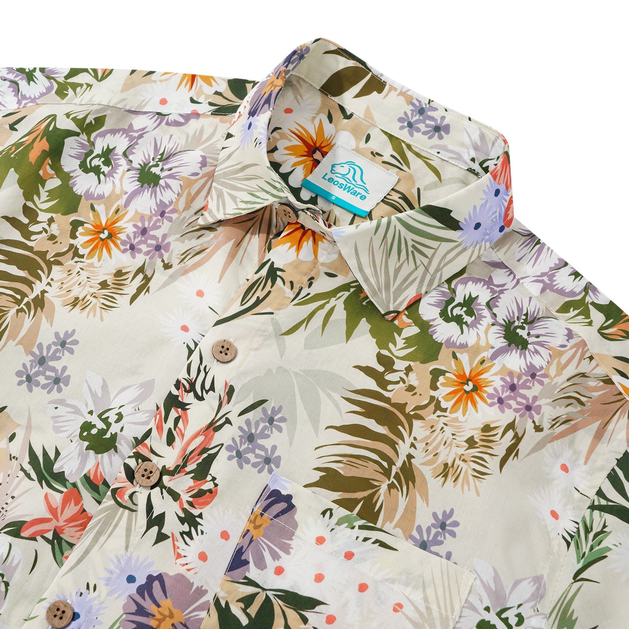 LeosWare® Men's Hawaiian Shirt Short Sleeve Button-up 100% Cotton Beige Aloha Tropical Flower Silhouette By Ethan