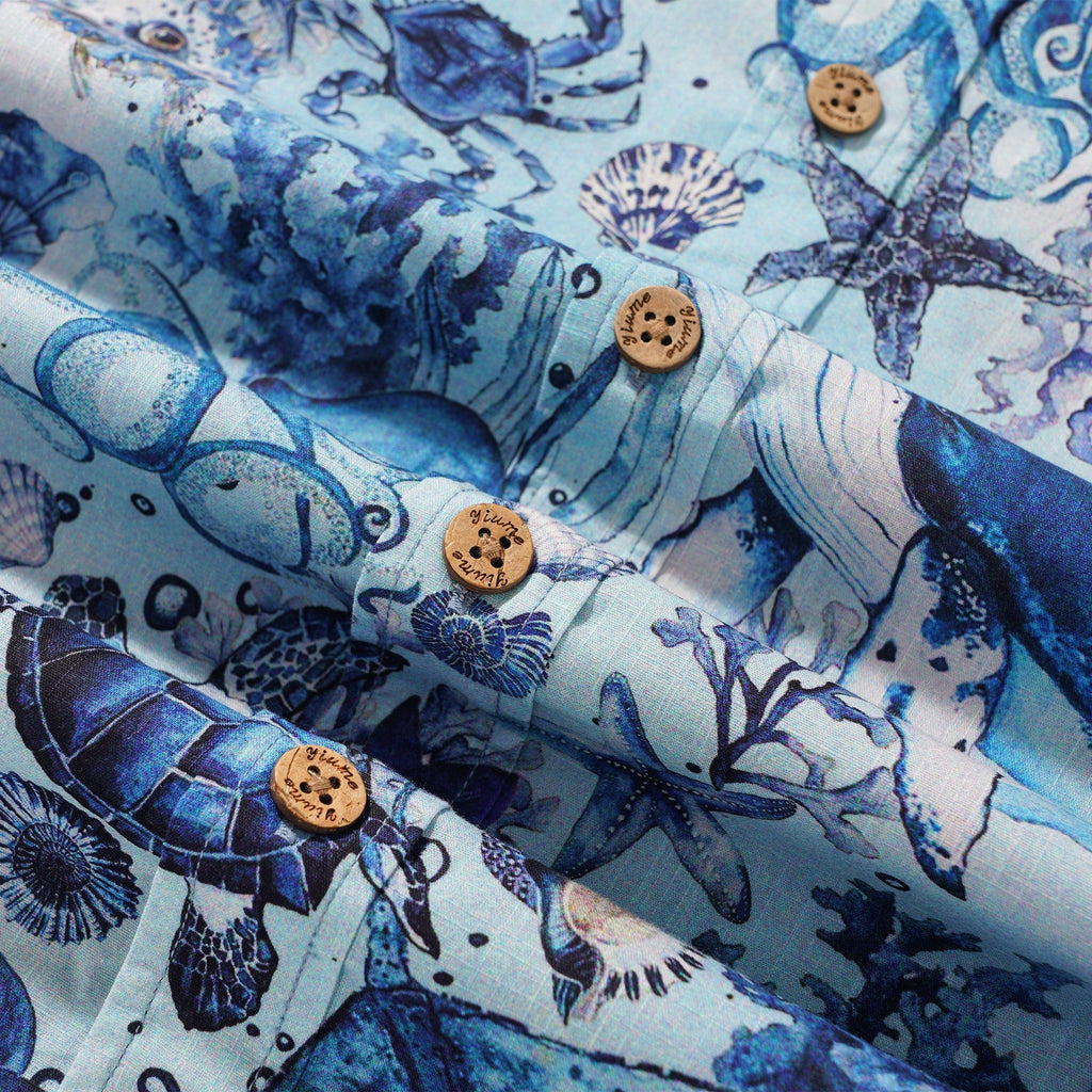 Men's Hawaiian Shirt Short Sleeve Button-down 100% Cotton Blue Aloha Watercolor Ocean By Yakima