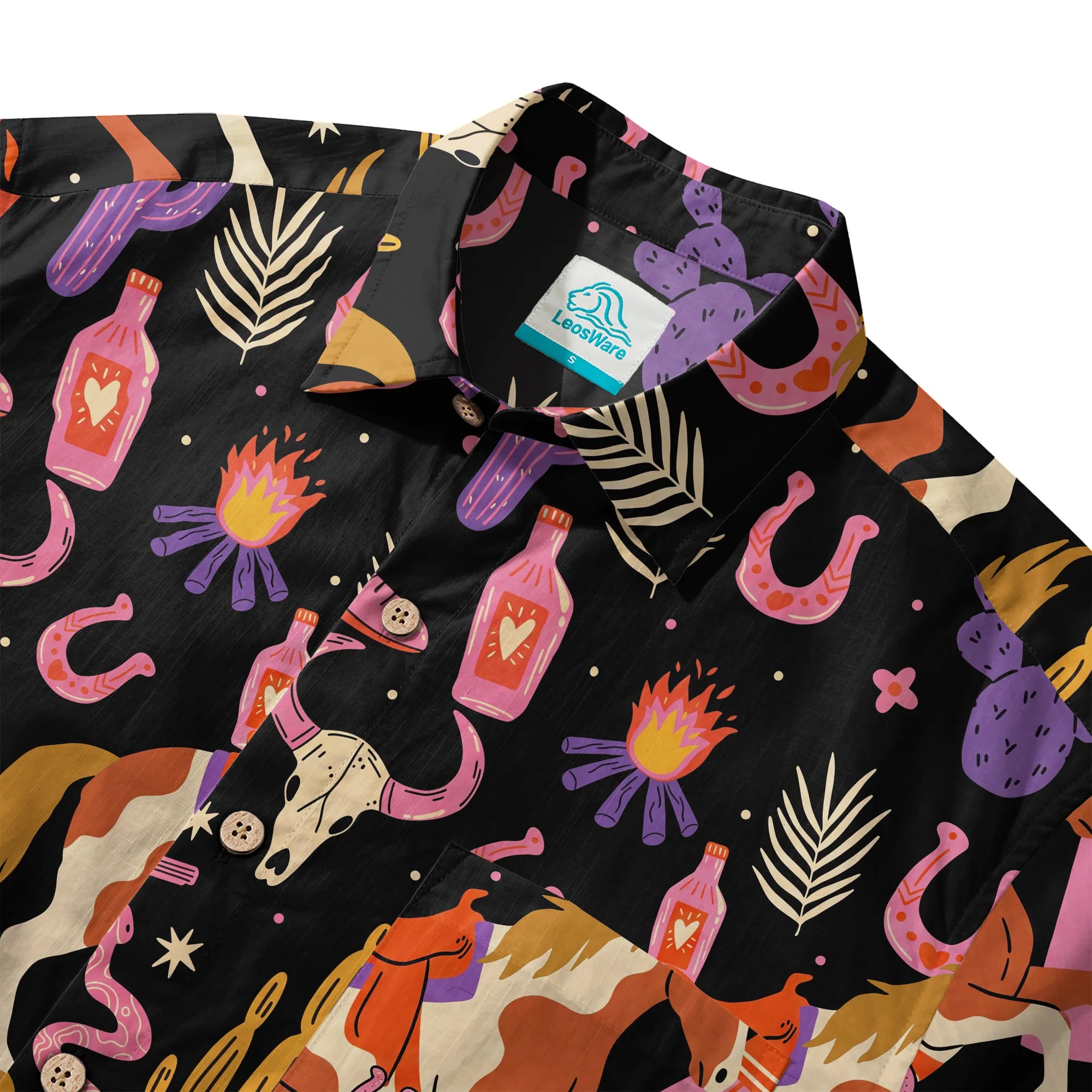 LeosWare® Men's Hawaiian Shirt Short Sleeve Button-up 100% Cotton Red Aloha Western Frontier Fairytale By Dudu