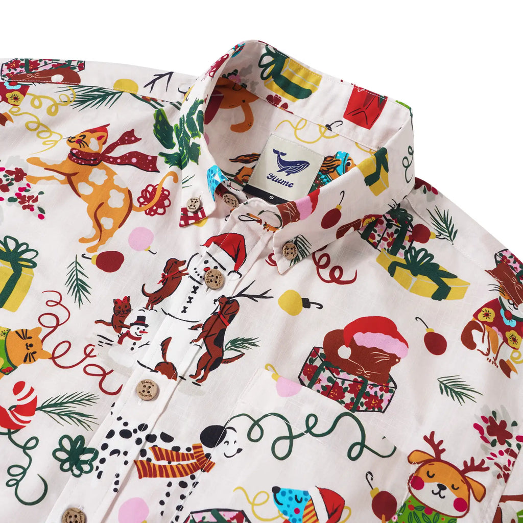 Men's Hawaiian Shirt Short Sleeve Button-down 100% Cotton Beige Aloha Christmas Pet Party By Jasper
