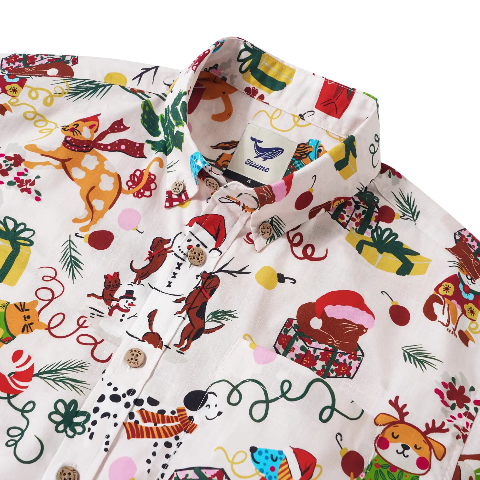 Men's Hawaiian Shirt Short Sleeve Button-down 100% Cotton Beige Aloha Christmas Pet Party By Jasper