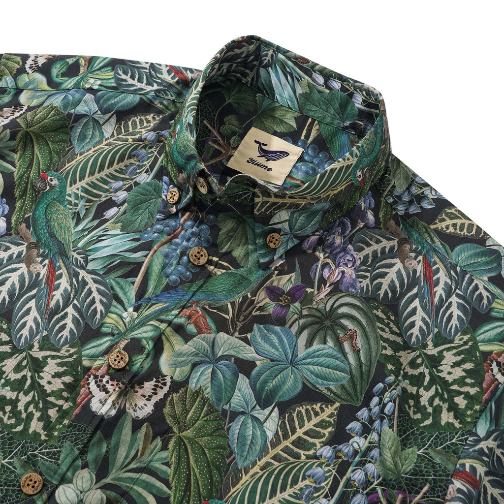 Men's Hawaiian Shirt Short Sleeve Button-down 100% Cotton Green Aloha Jungle Whispers By Cigar