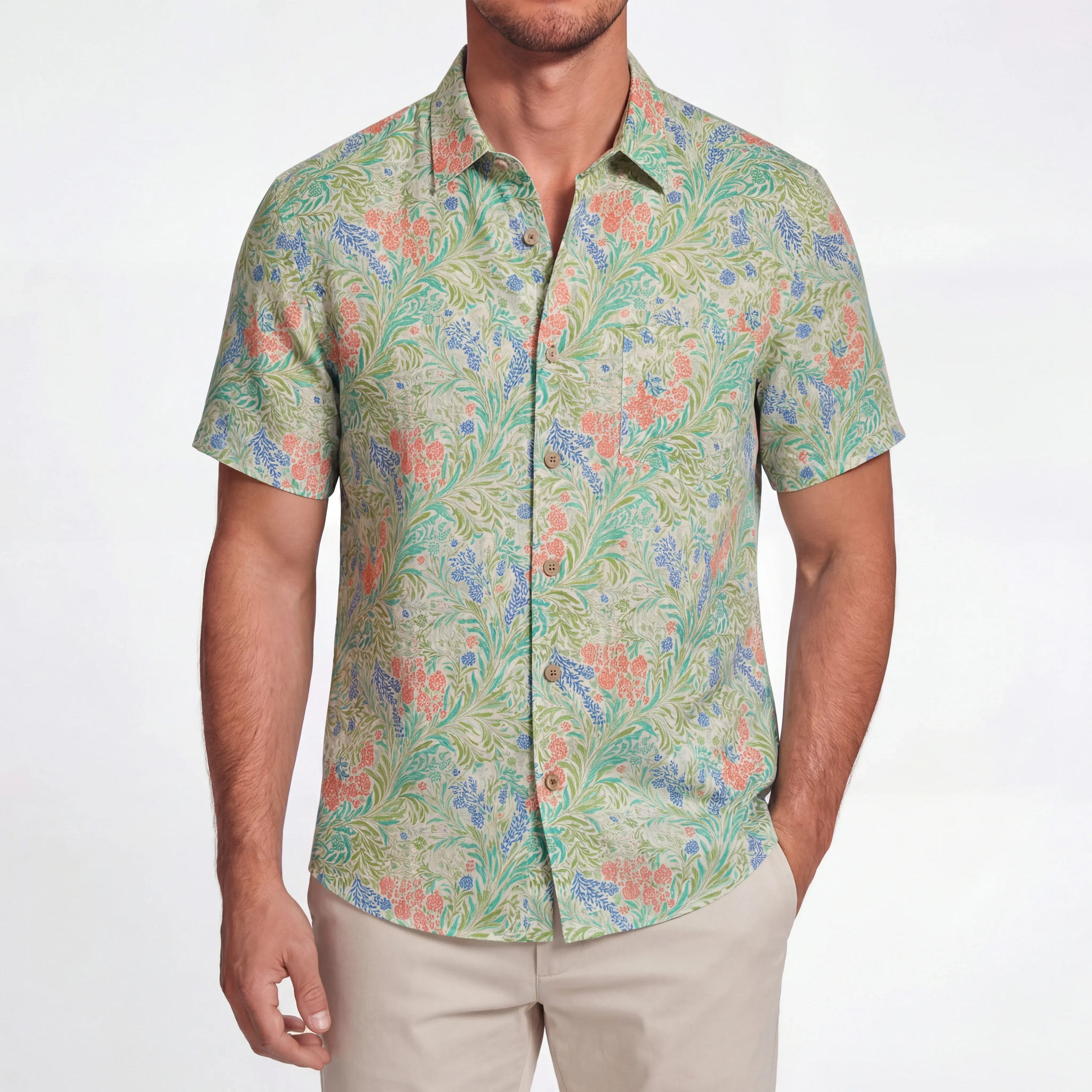 LeosWare® Men's Hawaiian Shirt Short Sleeve Button-up 100% Cotton Green Aloha Alfalfa Flower Earthly Weave By Ann