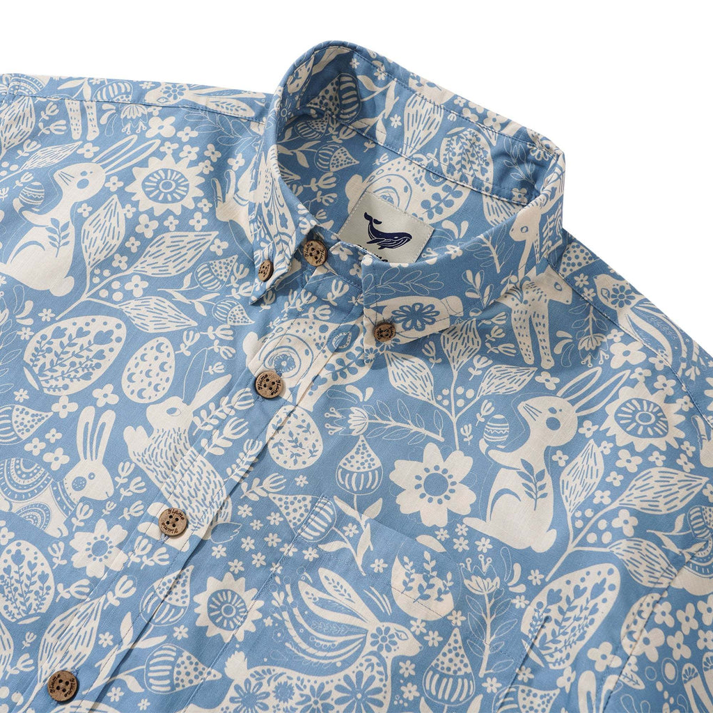 Easter Day Gift Men's Hawaiian Shirt Short Sleeve Button-down 100% Cotton Blue Aloha Spring Revival By Yana