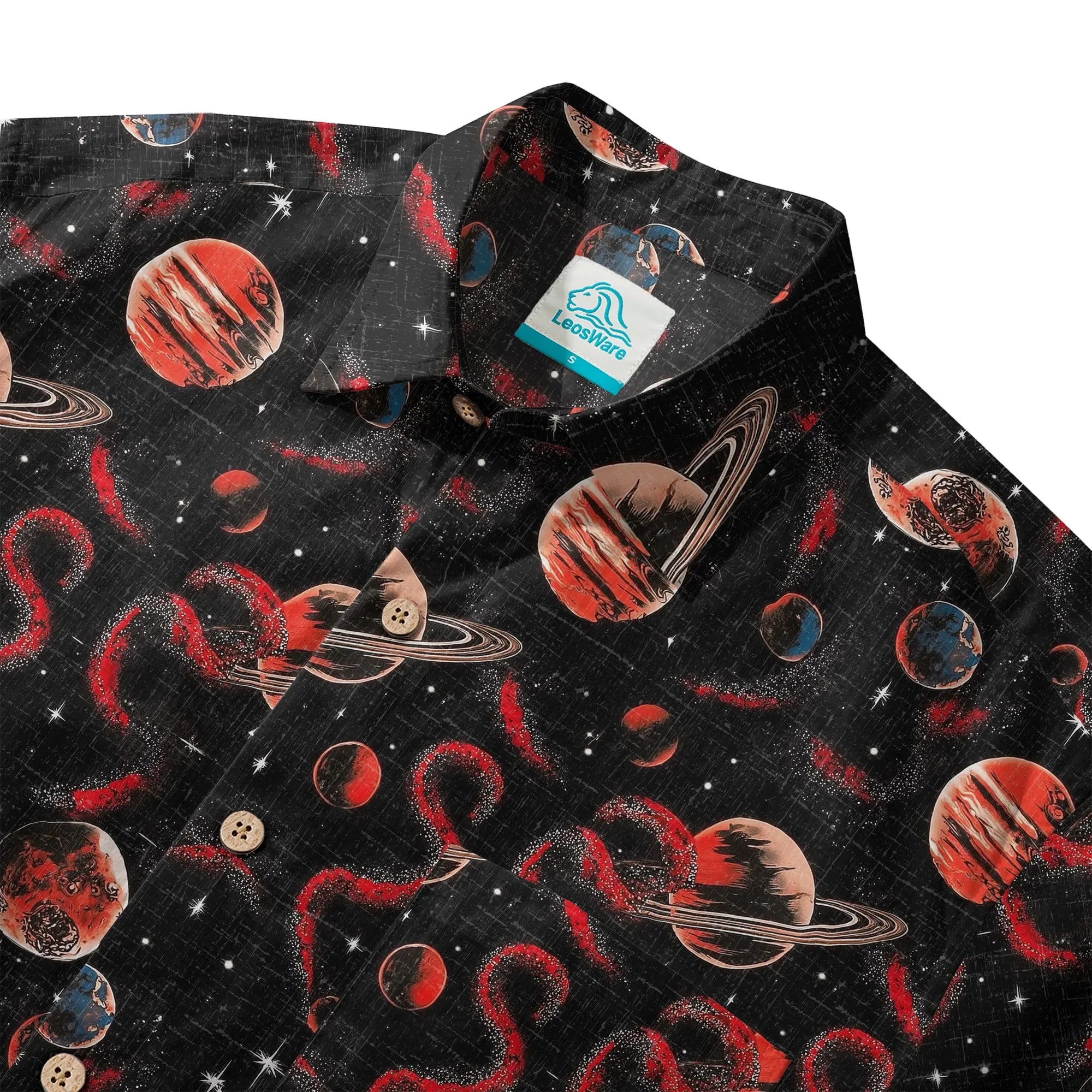 LeosWare® Men's Hawaiian Shirt Short Sleeve Button-up 100% Cotton Black Apace Aloha Crimson Celestial River By Ann