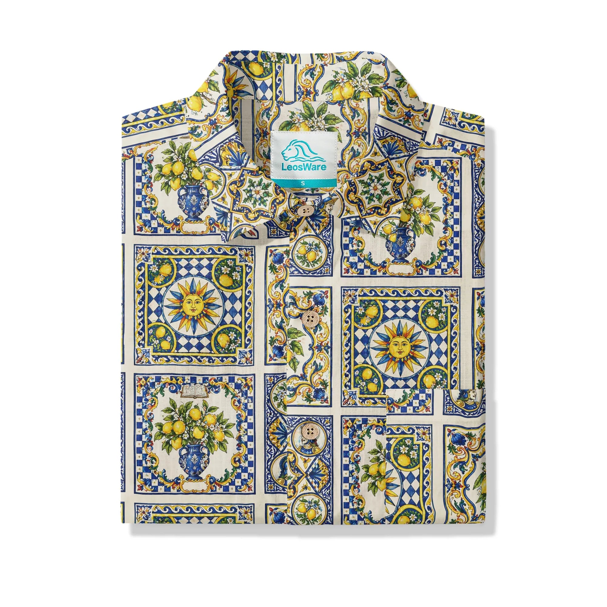 LeosWare® Men's Hawaiian Shirt Short Sleeve Button-up 100% Cotton Blue Aloha Sicilian Sunlit Lemon By Huan huan