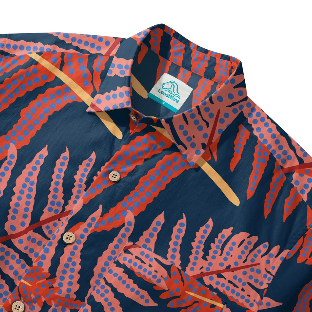 Chemise hawaïenne pour hommes LeosWare® à manches courtes boutons en 100 % coton bleu Aloha fougères rouges ombres nocturnes par Ann