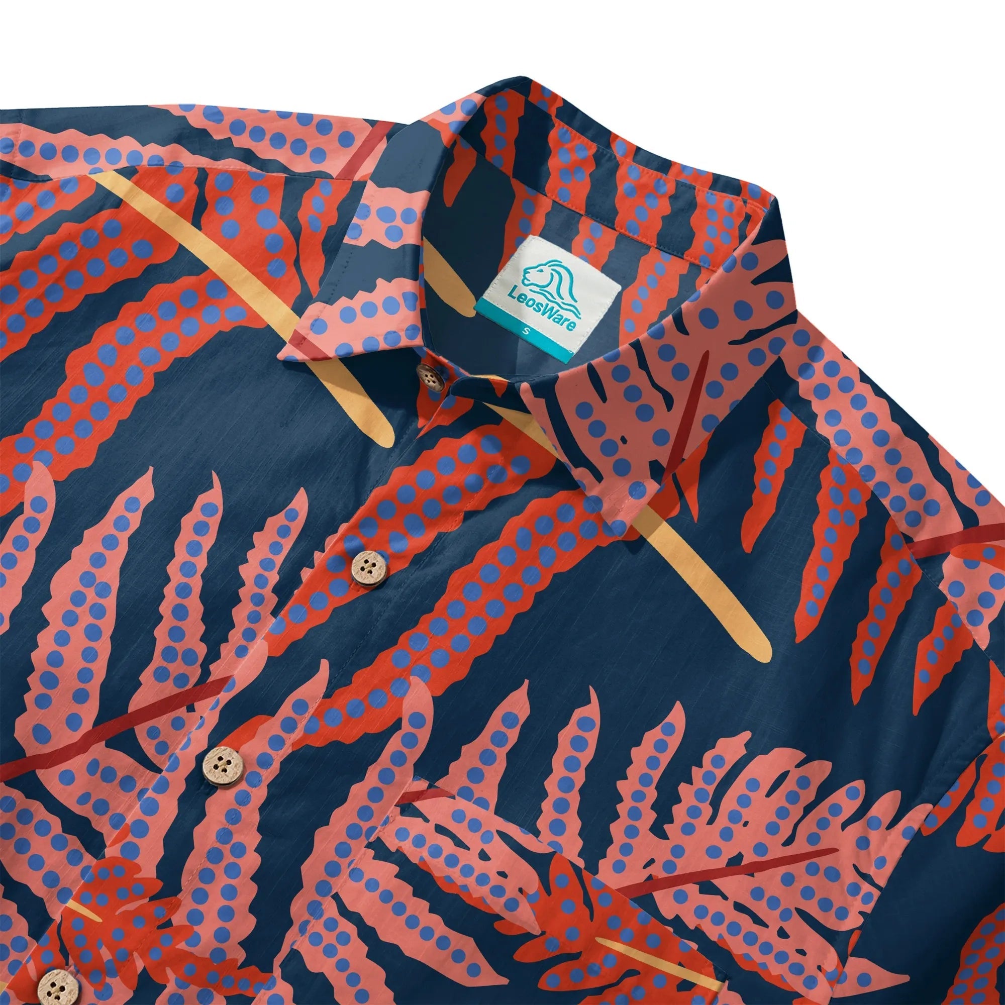 Chemise hawaïenne pour hommes LeosWare® à manches courtes boutons en 100 % coton bleu Aloha fougères rouges ombres nocturnes par Ann