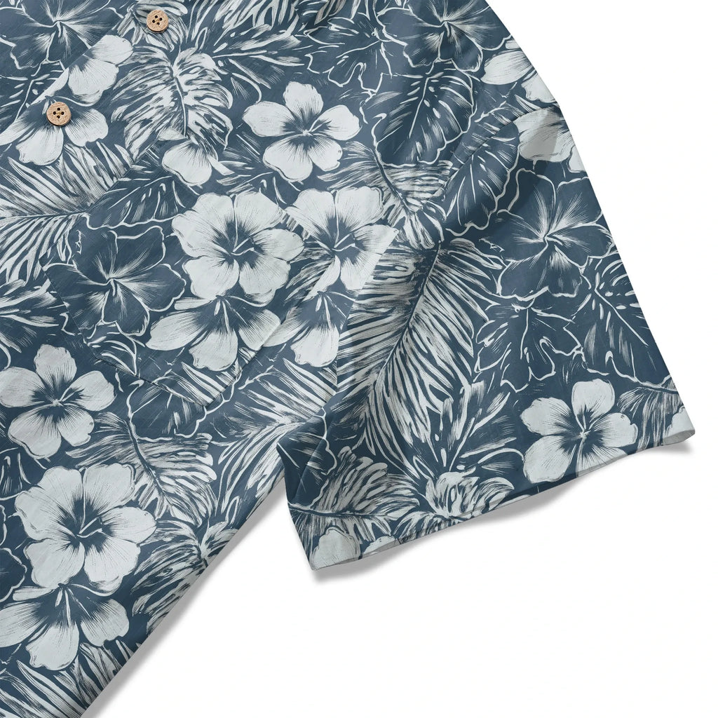 LeosWare® Hibiscus Flower Men's Hawaiian Shirt Short Sleeve Button-up 100% Cotton Blue Aloha Blue Ink Flower Shadows By Ann