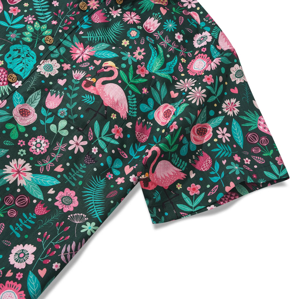 Men's Hawaiian Shirt Short Sleeve Button-down 100% Cotton Green Aloha Blush in the Jungle Flamingo By Cigar