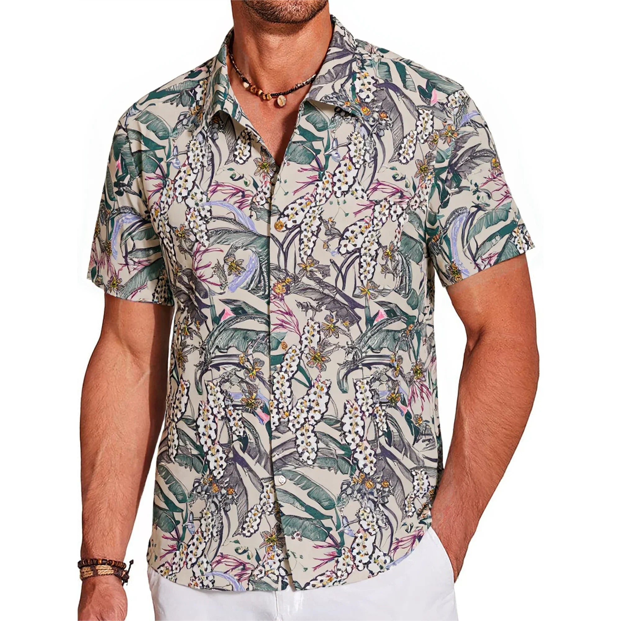 LeosWare® Men's Hawaiian Shirt Short Sleeve Button-up 100% Cotton Beige Aloha Fresh Tropical Plant Art By Ethan