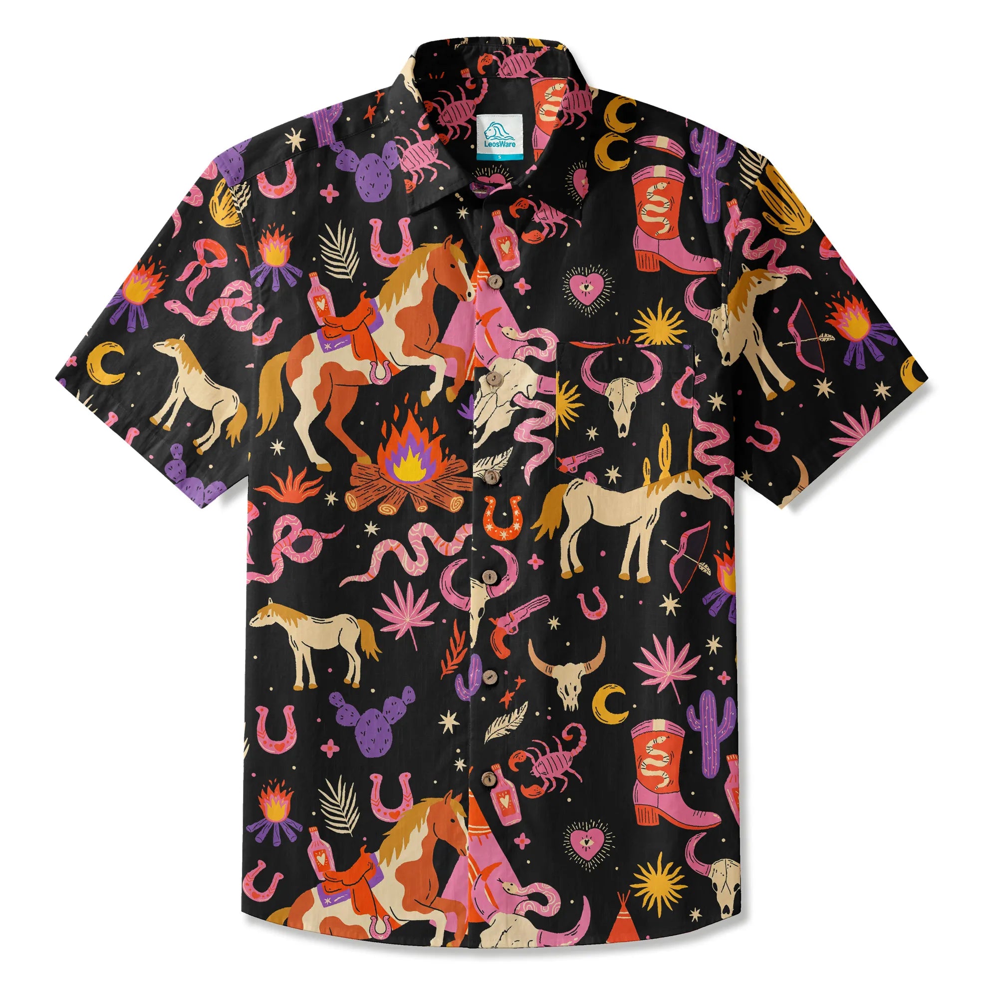 LeosWare® Men's Hawaiian Shirt Short Sleeve Button-up 100% Cotton Red Aloha Western Frontier Fairytale By Dudu