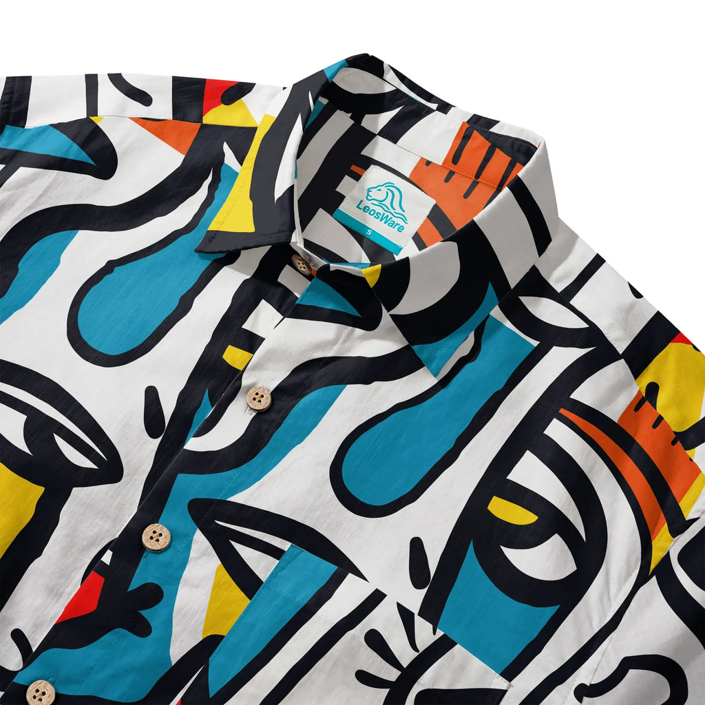 LeosWare® Men's Hawaiian Shirt Short Sleeve Button-up 100% Cotton Aloha Face Paint Palette By Ann