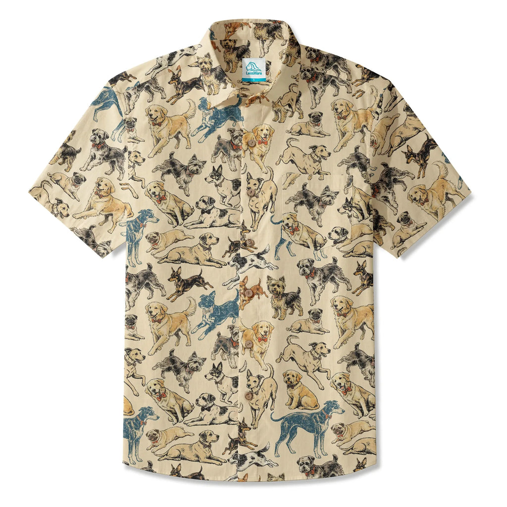 LeosWare® Dog Men's Hawaiian Shirt Short Sleeve Button-up 100% Cotton Yellow Aloha Dog Bow Tie Set By Huan huan