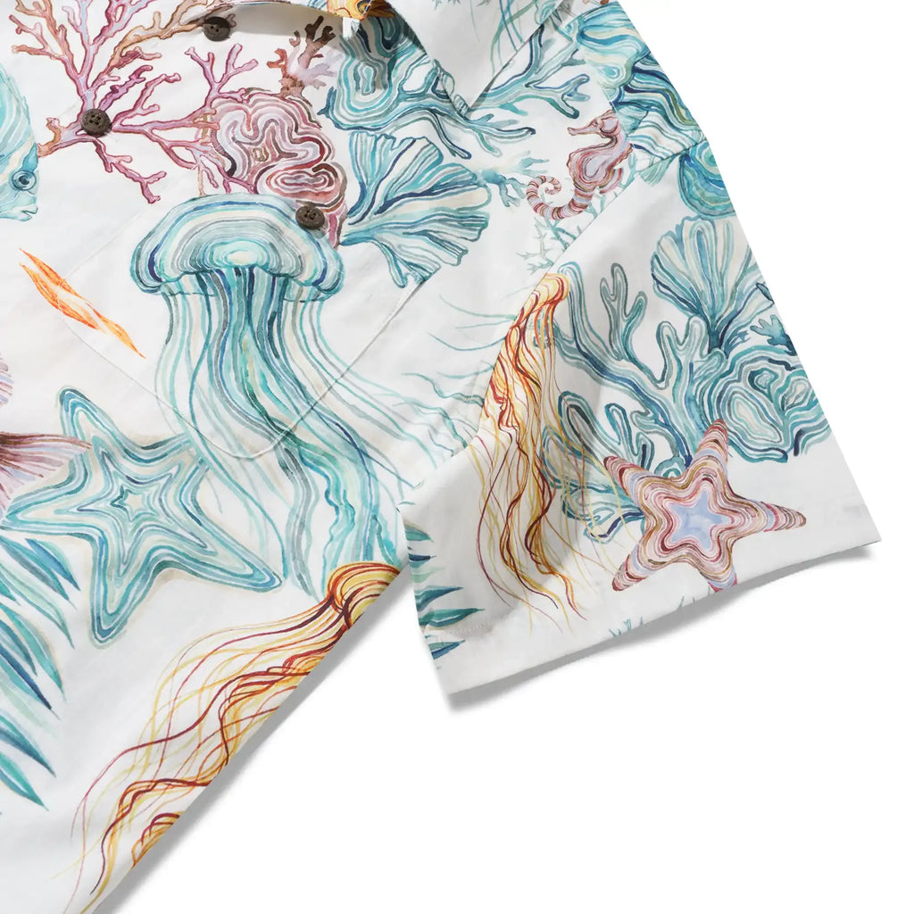 Men's Hawaiian Shirt Short Sleeve Camp Collar 100% Cotton Blue Aloha Life Underwater By Michela Maranzana