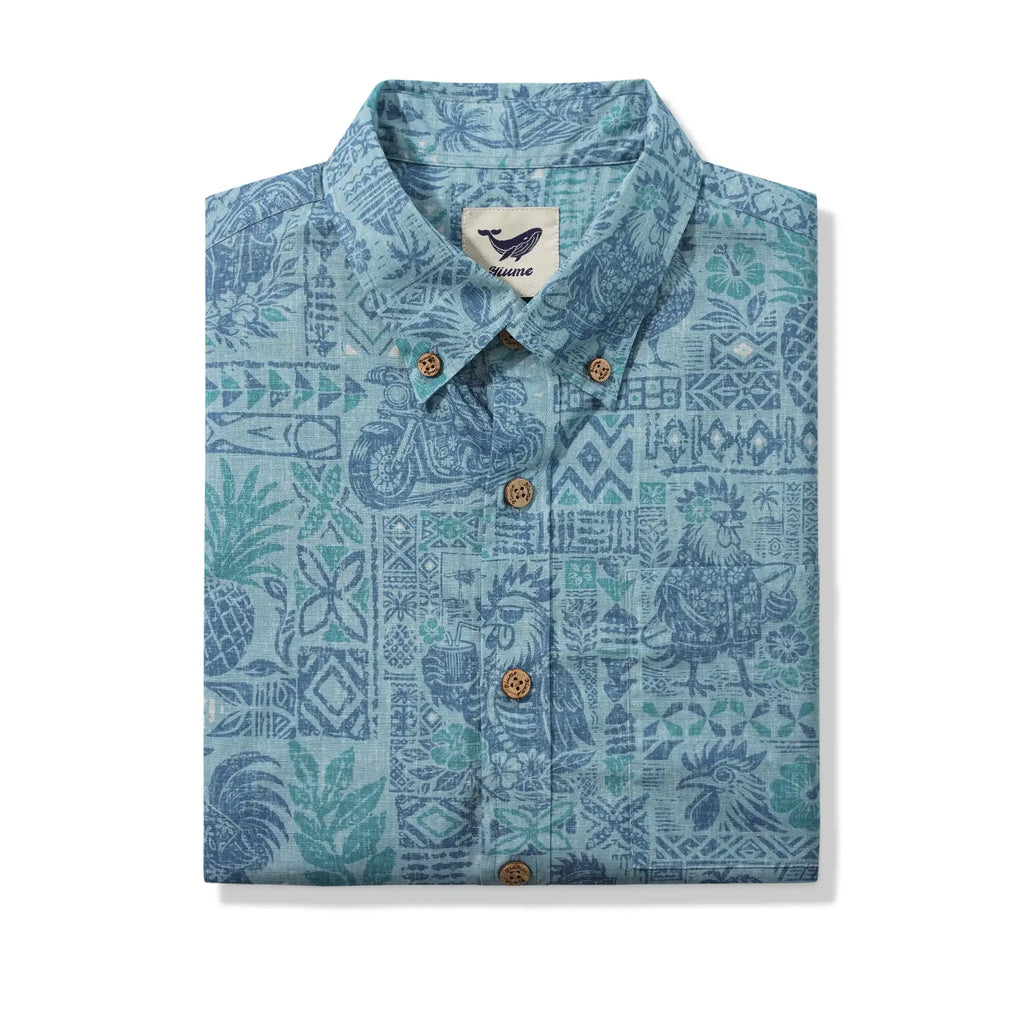 Men's Hawaiian Shirt Short Sleeve Button-down 100% Cotton Blue Rooster Aloha The Bone Voyage By Cigar