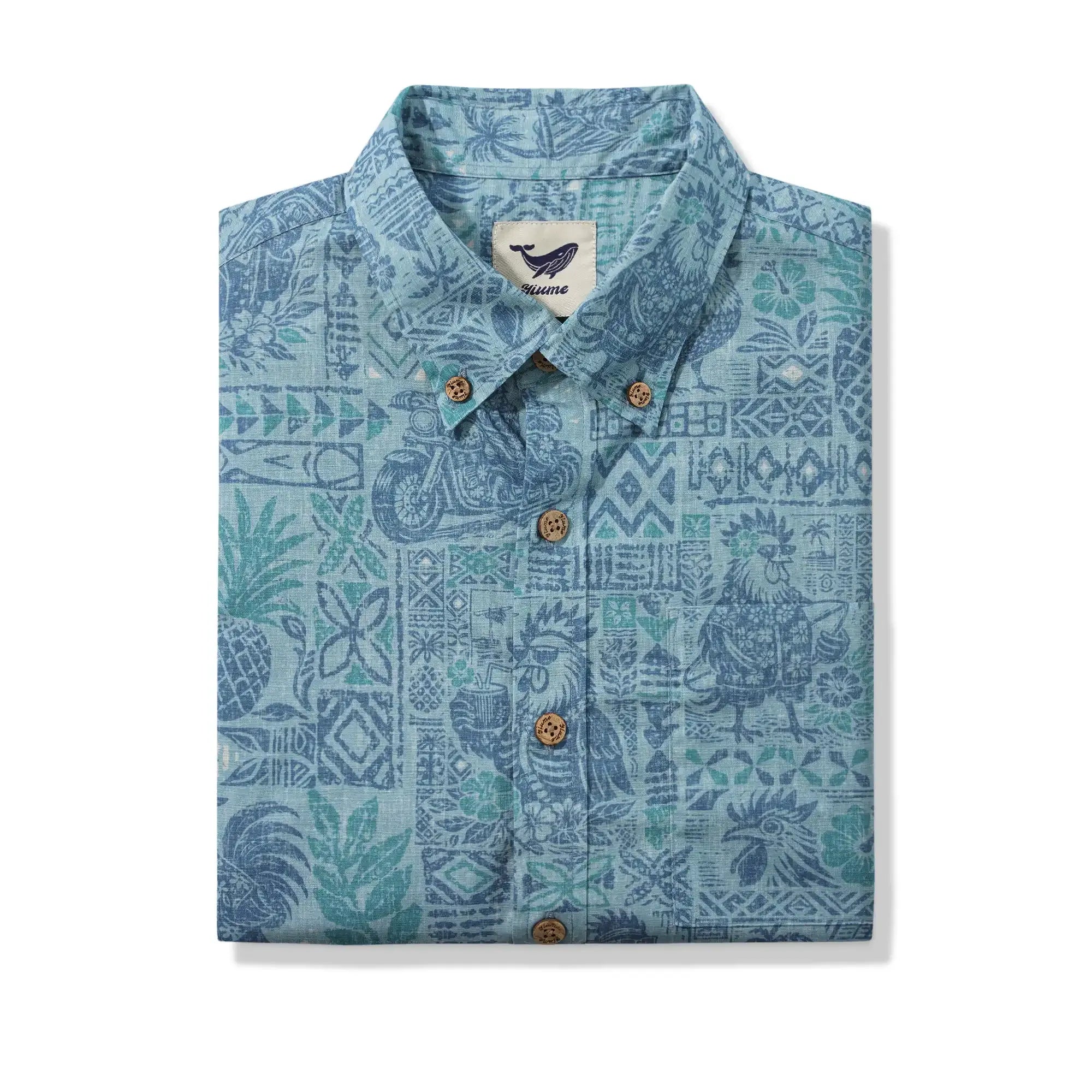 Men's Hawaiian Shirt Short Sleeve Button-down 100% Cotton Blue Rooster Aloha The Bone Voyage By Cigar
