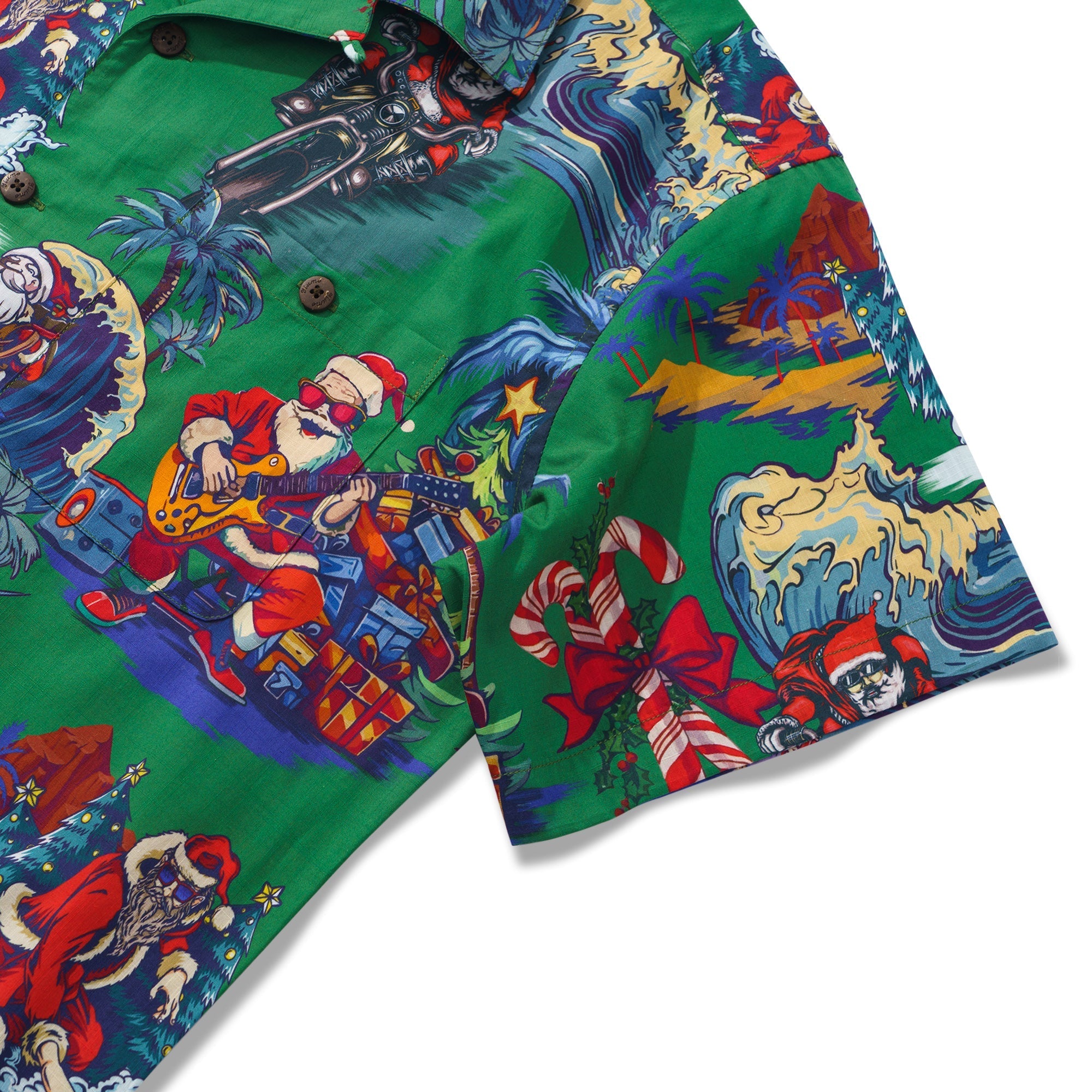 Christmas Santa Claus in Hawaii 100% Cotton Men's Aloha Hawaiian Short Sleeve Camp Collar Shirt By Yana