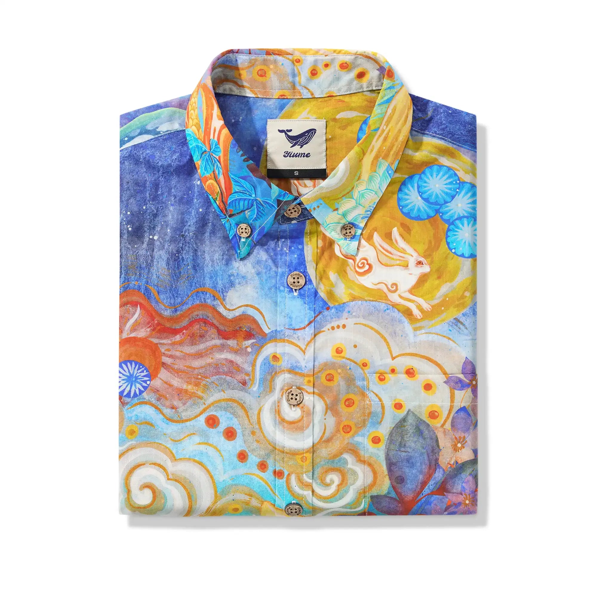 Yiume Men's Designer Hawaiian Shirt Cloud-wandering Koi Print Cotton Blue Aloha Shirt By Sylvia