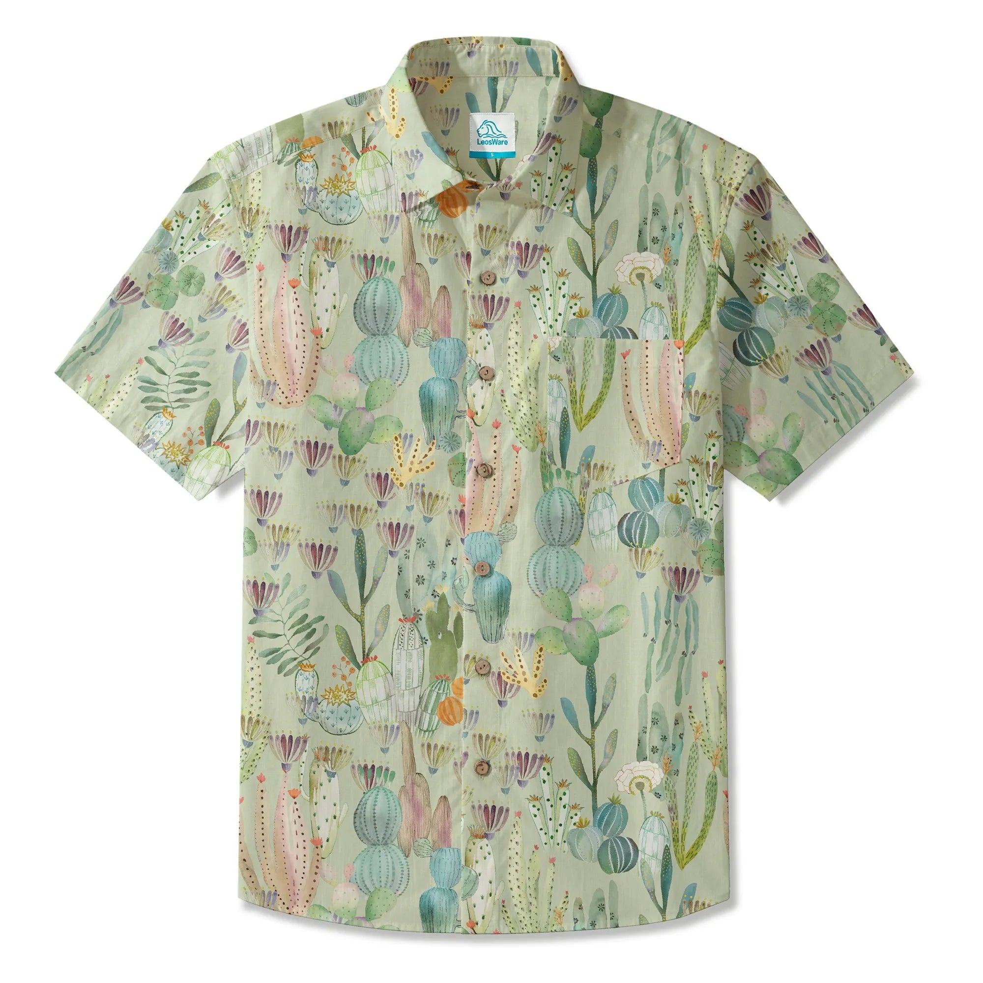 LeosWare® Men's Hawaiian Shirt Short Sleeve Button-up 100% Cotton Green Aloha Cactus Paradise By Huan huan