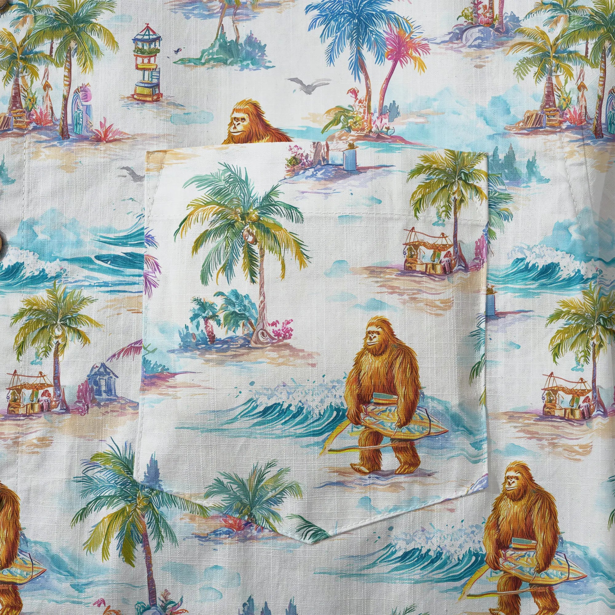 LeosWare® Men's Hawaiian Shirt Short Sleeve Button-up 100% Cotton White Aloha Surfing Vacation Of Bigfoot By Ann