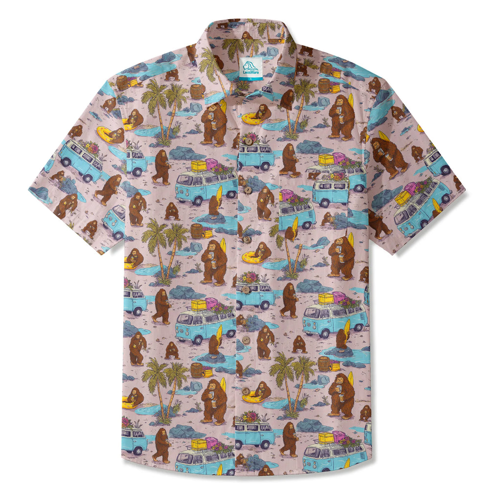 LeosWare® Men's Hawaiian Shirt Short Sleeve Button-up 100% Cotton Aloha Pink Camping With Bigfoot By Ann