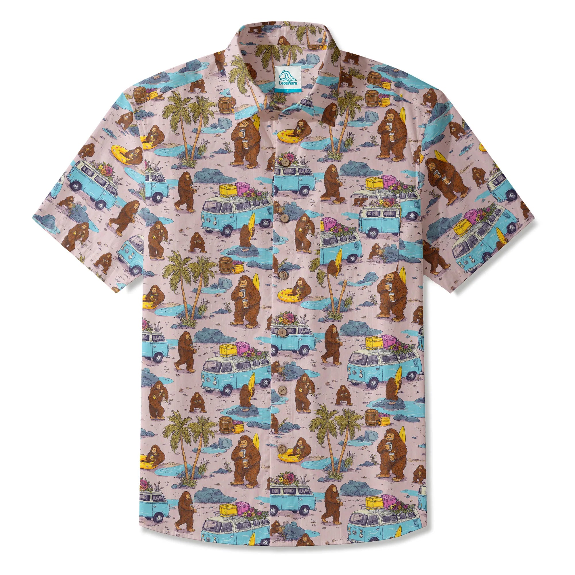 LeosWare® Men's Hawaiian Shirt Short Sleeve Button-up 100% Cotton Aloha Pink Camping With Bigfoot By Ann