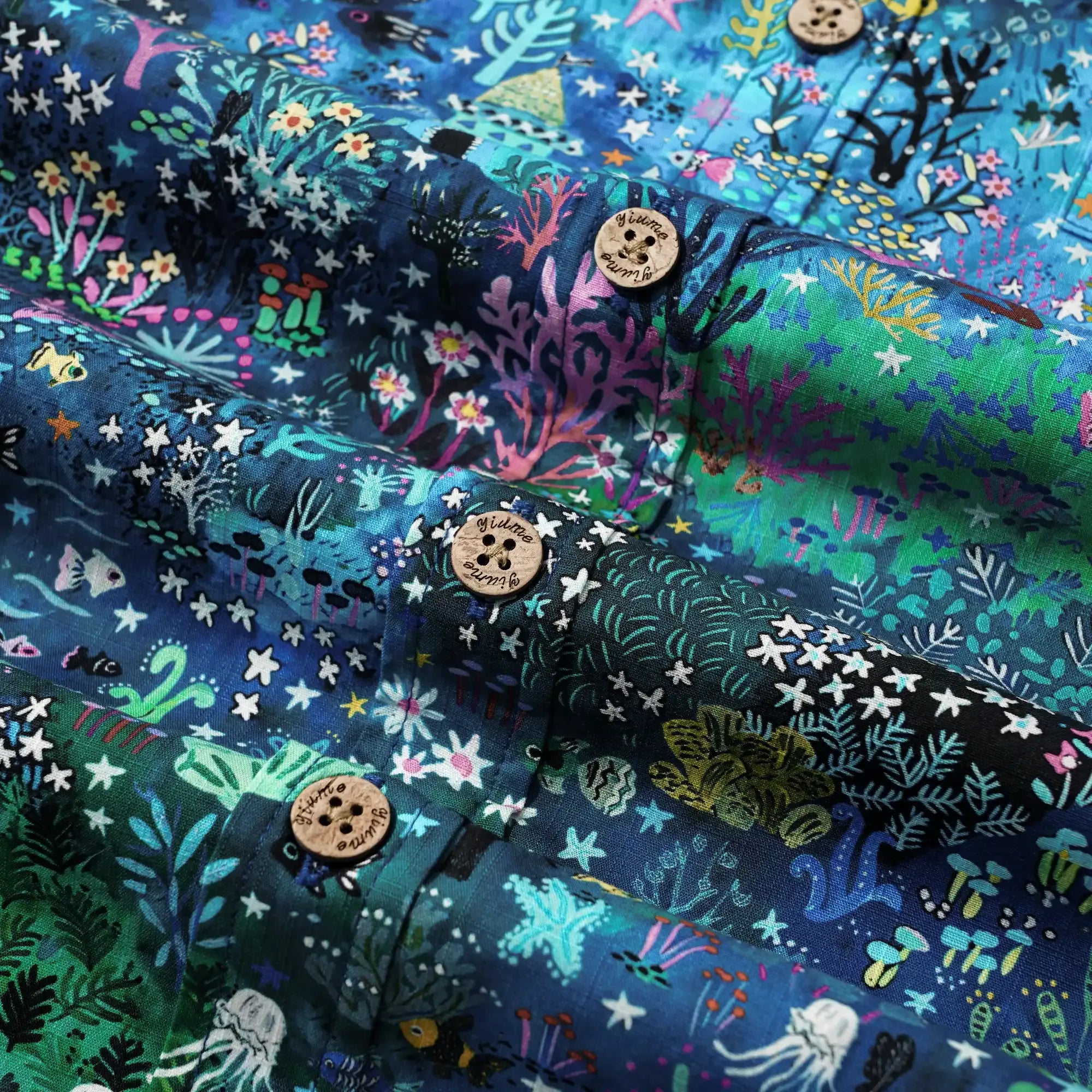 Men's Hawaiian Shirt Short Sleeve Button-down 100% Cotton Blue Aloha Enchanted Underwater World By Mo