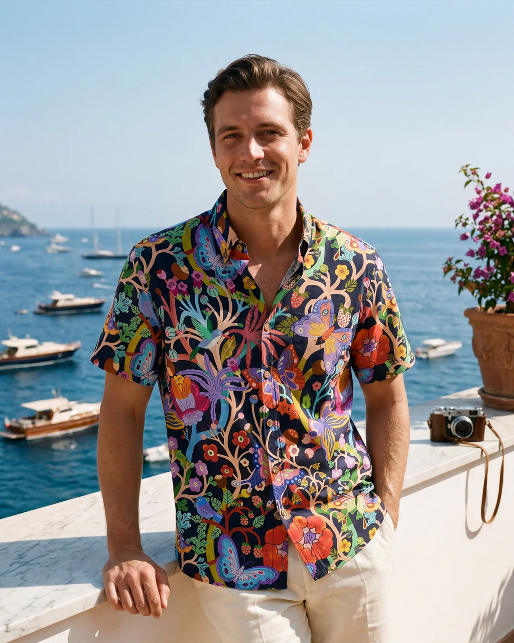 Men's Hawaiian Shirt Short Sleeve Button-down 100% Cotton Blue Aloha Dusk Butterfly Dance By Huan huan