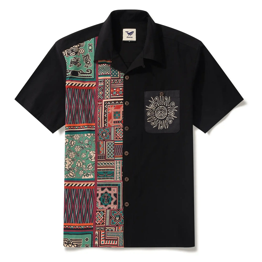 Men's Hawaiian Bowling Shirt Short Sleeve Camp Collar 100% Cotton Black Aloha The Charm Of Vintage Folk Patterns By Huan huan