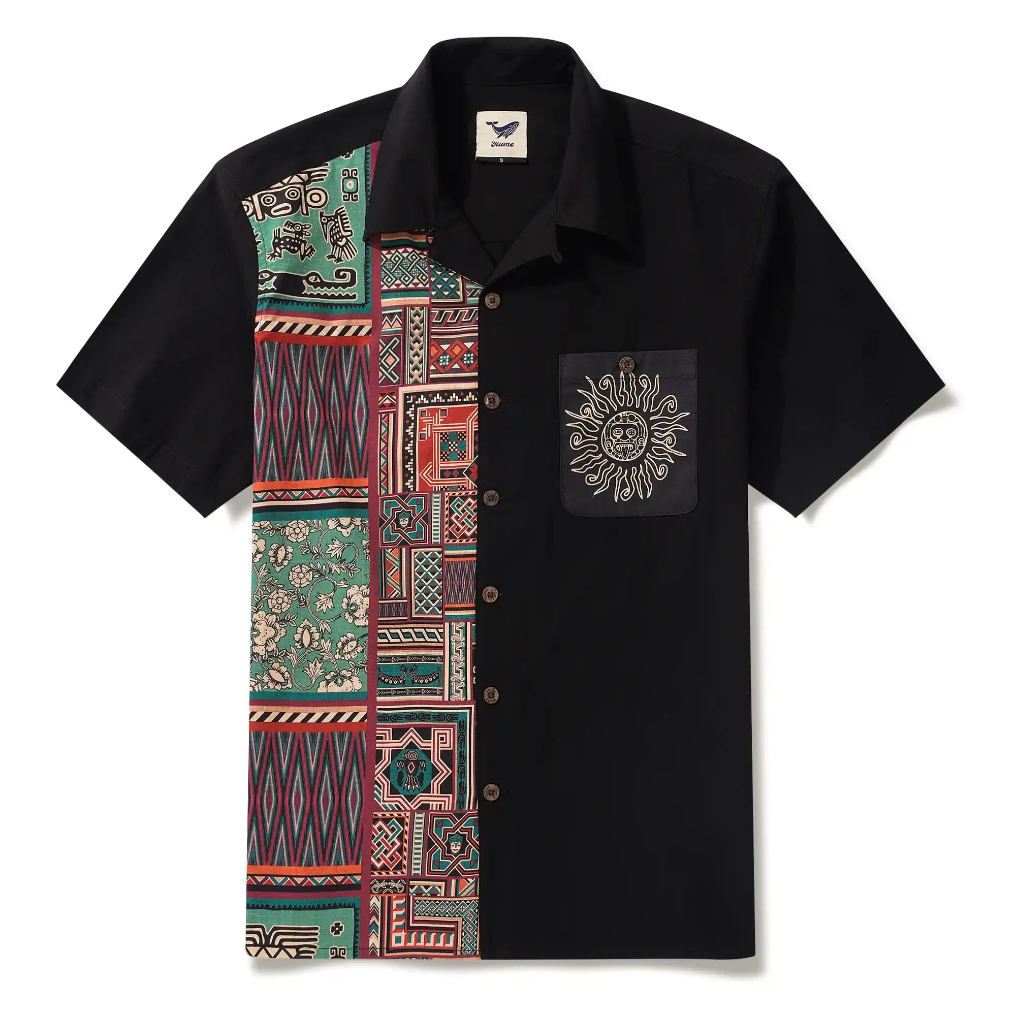 Men's Hawaiian Bowling Shirt Short Sleeve Camp Collar 100% Cotton Black Aloha The Charm Of Vintage Folk Patterns By Huan huan