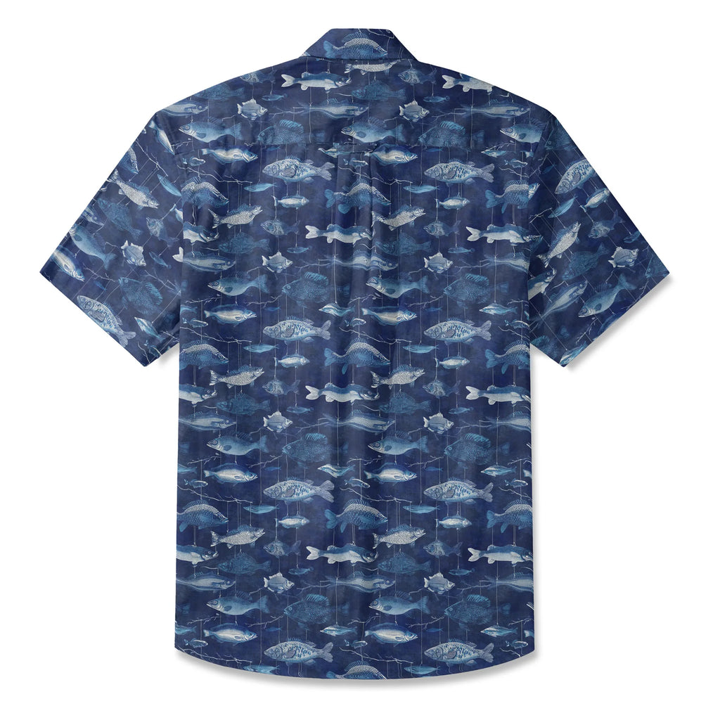 LeosWare® Men's Hawaiian Shirt Short Sleeve Button-up 100% Cotton Blue Aloha Blue Jazz Hanging Fish Pattern By Ann