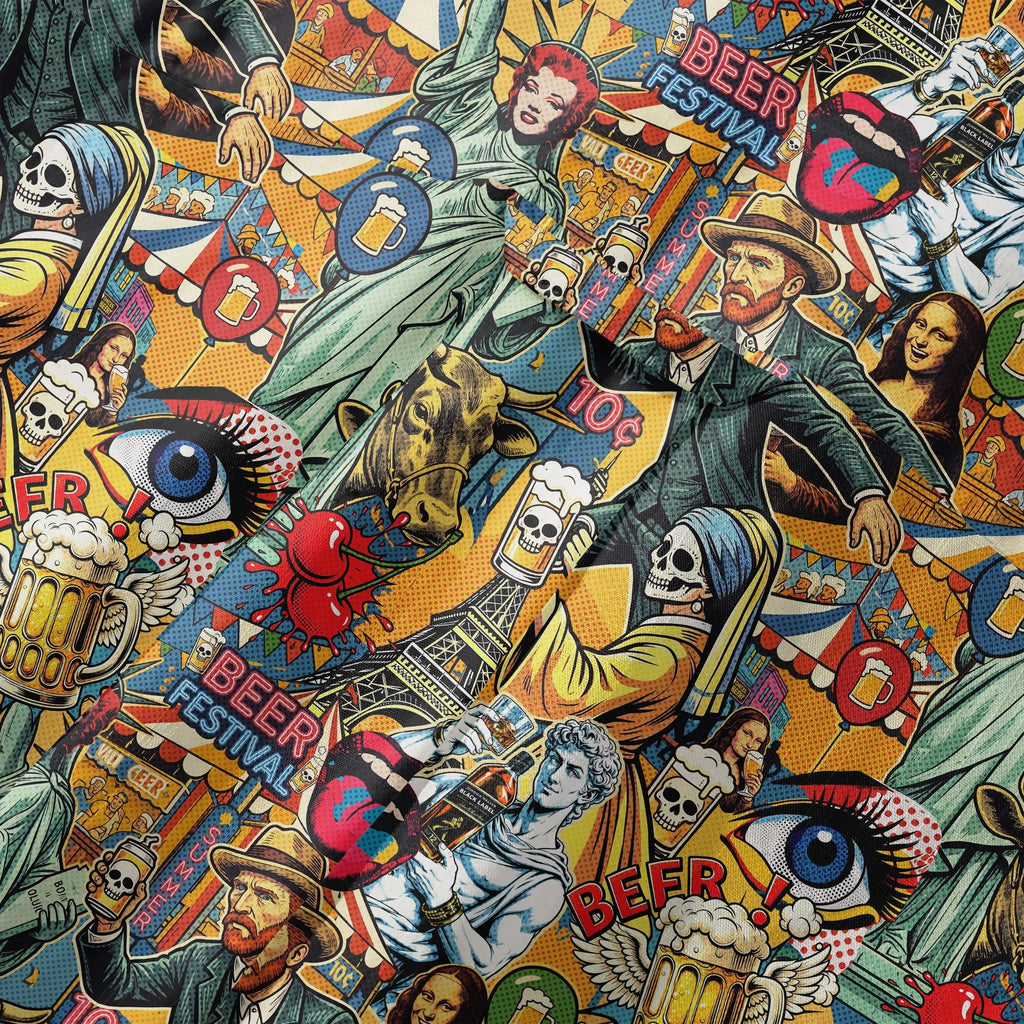 LeosWare® Men's Hawaiian Shirt Short Sleeve Button-up 100% Cotton Green Aloha Art & Beer Pop Collage By Huan huan