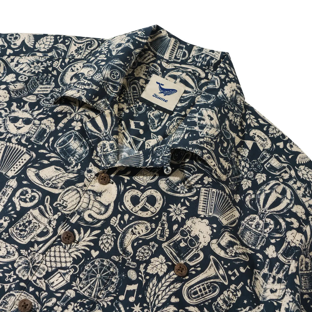 Men's Hawaiian Shirt Short Sleeve Camp Collar 100% Cotton Blue Aloha Vintage Beer Festival Cheer - Blue By Cigar