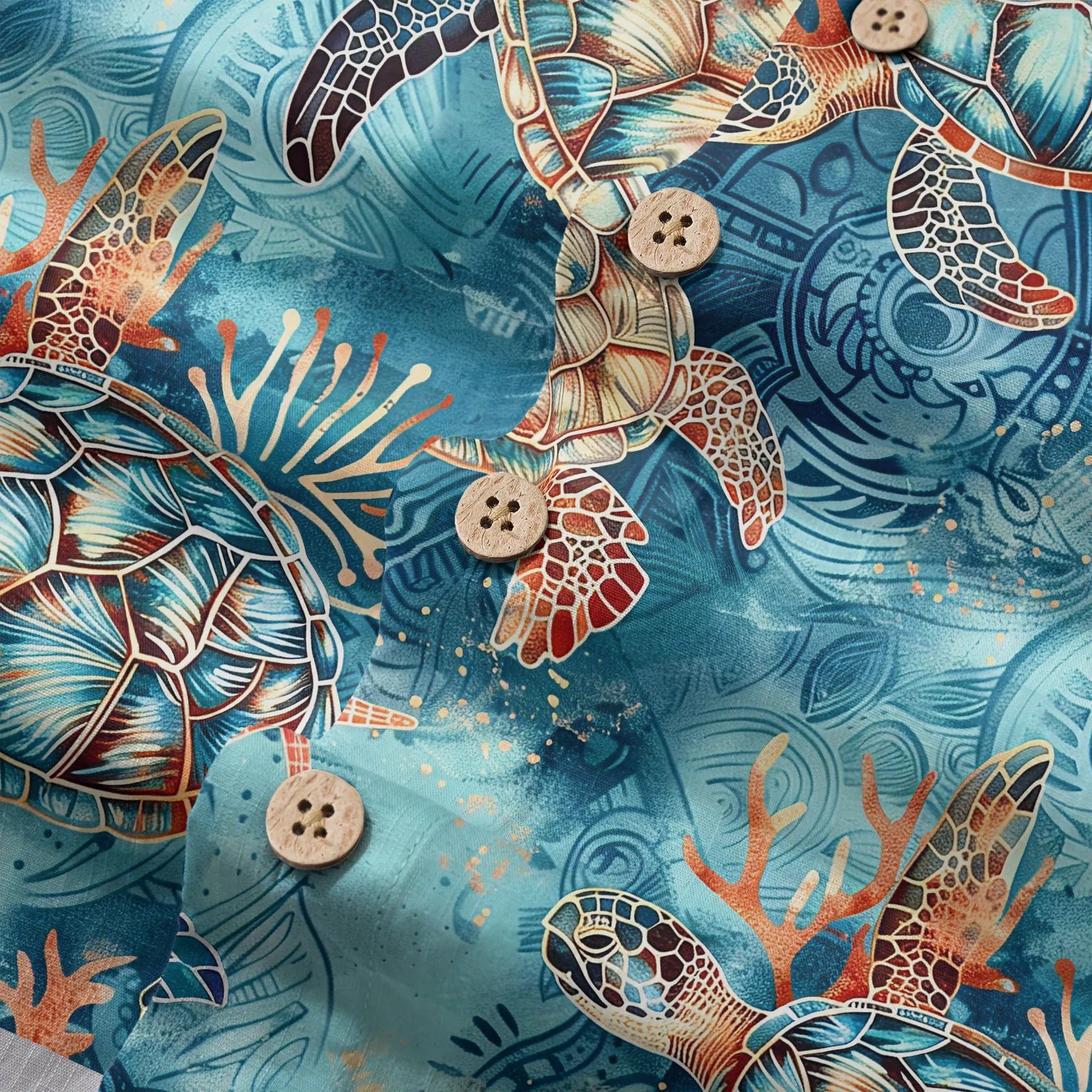 Chemise hawaïenne pour homme LeosWare® à manches courtes avec boutons 100 % coton bleu Aloha tortue dorée mer par Ann