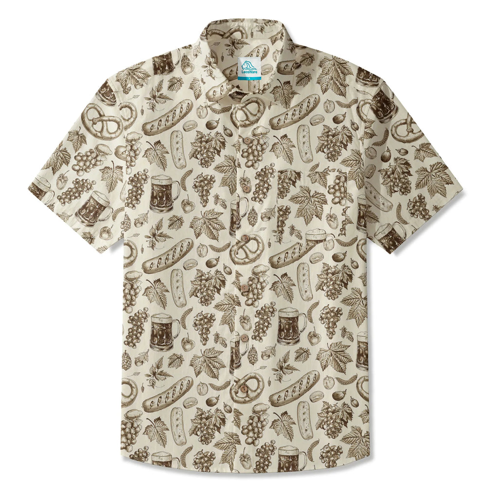 LeosWare® Men's Hawaiian Shirt Short Sleeve Button-up 100% Cotton Beige Aloha Vintage Oktoberfest Sketch By Ann