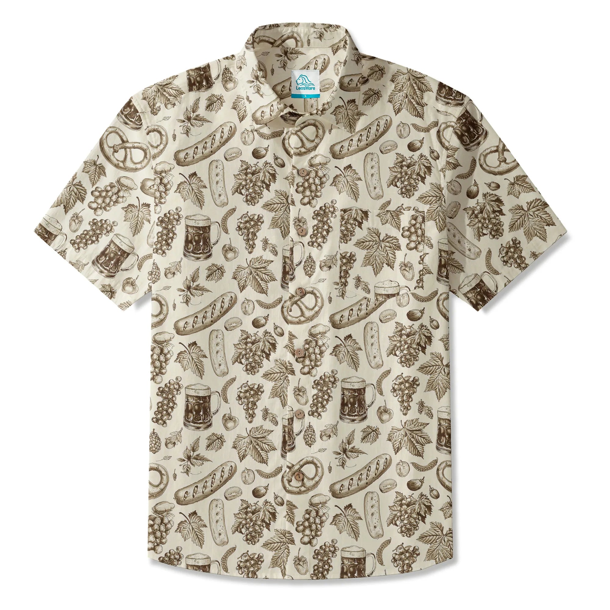 LeosWare® Men's Hawaiian Shirt Short Sleeve Button-up 100% Cotton Beige Aloha Vintage Oktoberfest Sketch By Ann