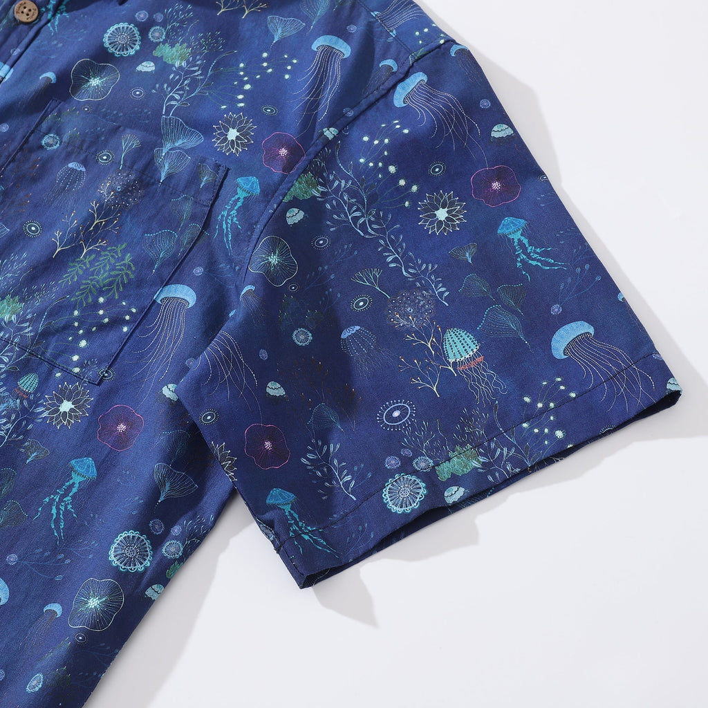 Men's Deep Blue Hawaiian Shirt 100% Cotton Button-down Short Sleeve Jellyfish Aloha Shirt By Catharina Edlund