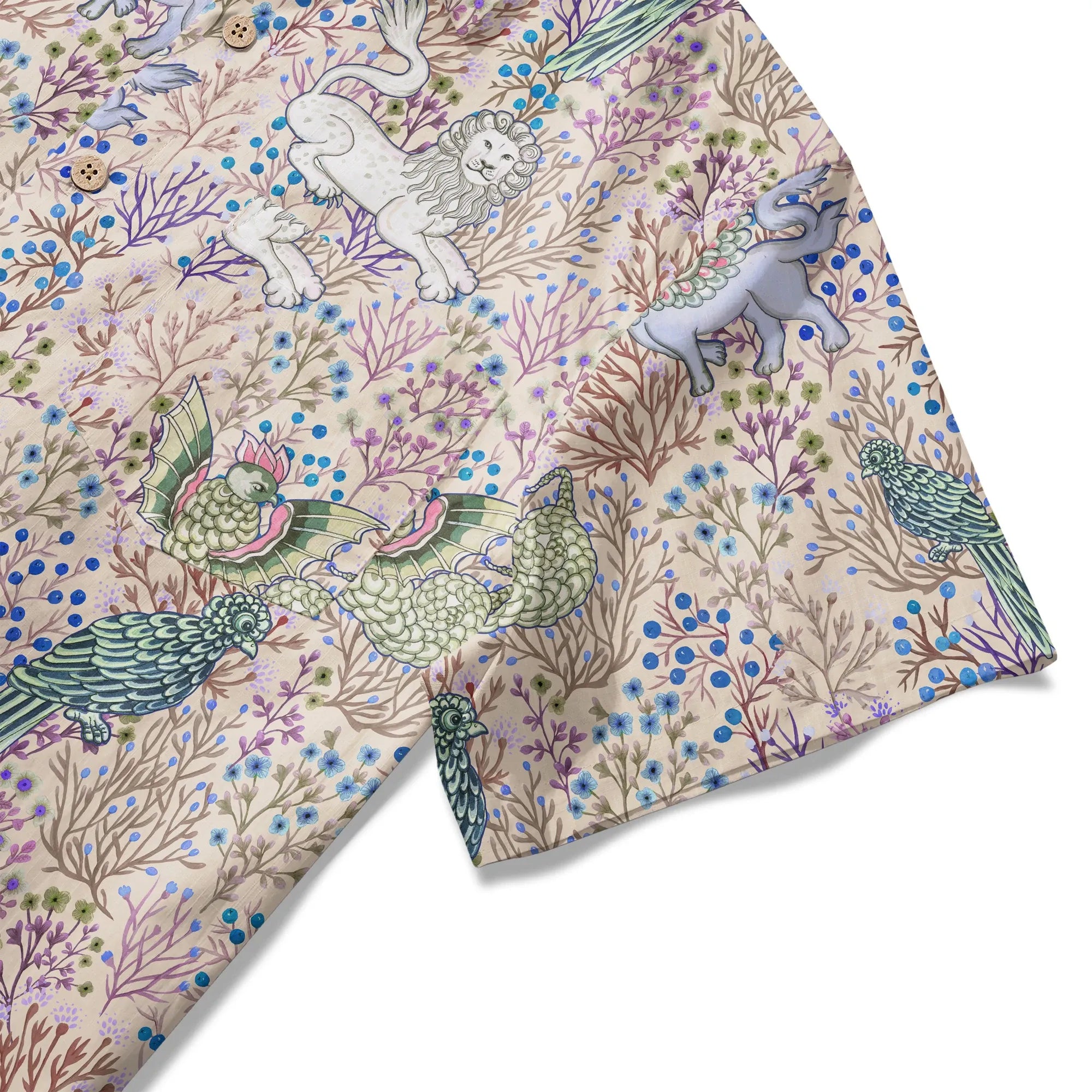 LeosWare® Men's Hawaiian Shirt Short Sleeve Button-up 100% Cotton Brown Aloha Mythical Creatures And Floral Fantasia By Huan huan